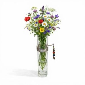 Clear Glass Cylinder Vase with Silver Accent and Colorful Bead Charm